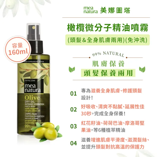 【mea natura 美娜圖塔】橄欖微分子精油噴霧160ml(肌膚保養＆頭髮保養兩用)