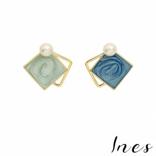 【INES】韓國設計S925銀針不對稱釉彩珍珠幾何造型耳環(S925銀針耳環 不對稱耳環 珍珠耳環)