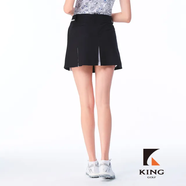 【KING GOLF】實體同步款-女款內層雙色百摺拼接素面修身A LINE短裙/高爾夫球裙(黑色)