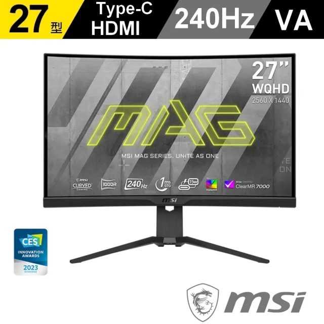 【MSI 微星】MAG 275CQRXF 27型 VA 2K 240Hz 曲面電競螢幕(WQHD/Type C/Adaptive sync/1ms/HDR400/1000R)