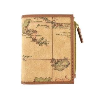 【Alviero Martini】義大利地圖包 旅行系列 6卡1照片零錢袋釦式短夾(地圖黃)