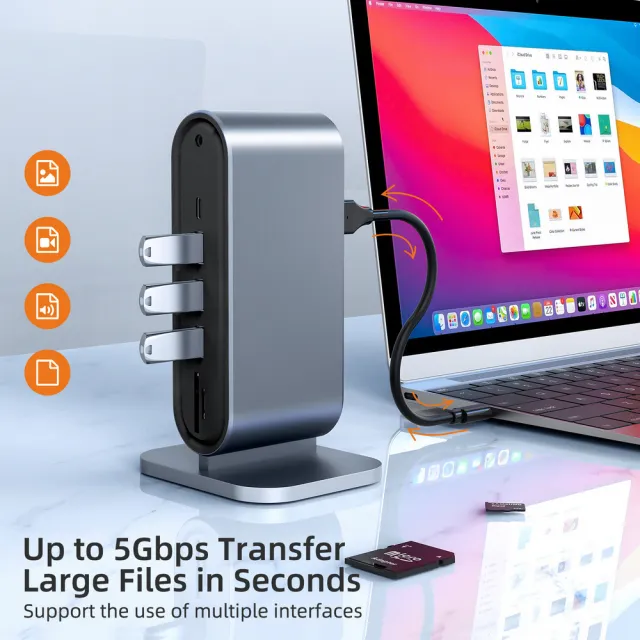 【Golf】12合1 USB C 直立款擴充 HUB 工作站(HDMI+VGA+RJ45+PD+USB A+TF+SD+AUX3.5)