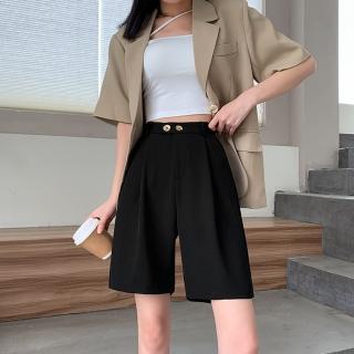 【Paiya 派亞】西裝短褲女夏季薄款高腰顯瘦寬松直筒休閑冰絲a字闊腿五分褲ins潮(S-2XL)