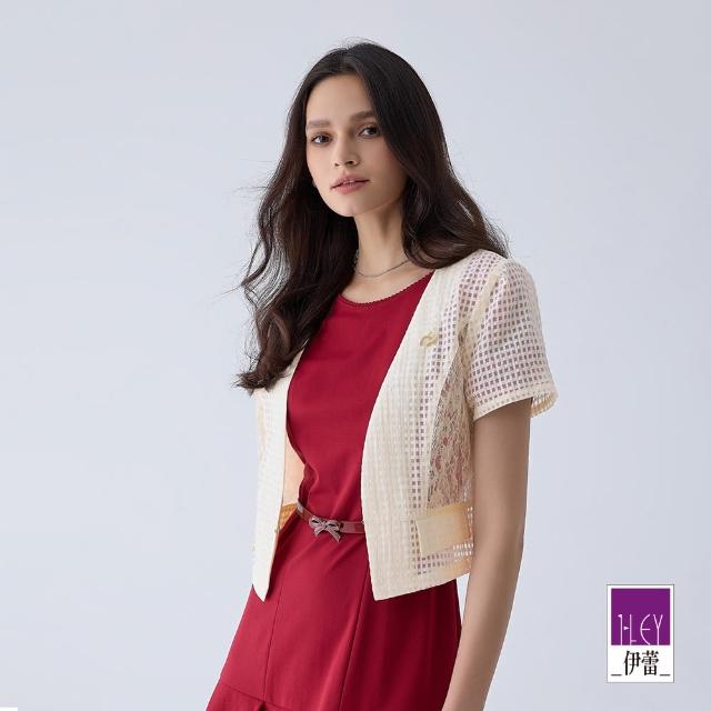 ILEY 伊蕾 格紋縷空拼接蕾絲短版小外套 杏色;M-L;1241014810