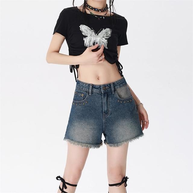 【巴黎精品】現貨+預購 牛仔褲丹寧短褲(鉚釘毛邊寬管休閒女褲子v1bl24)