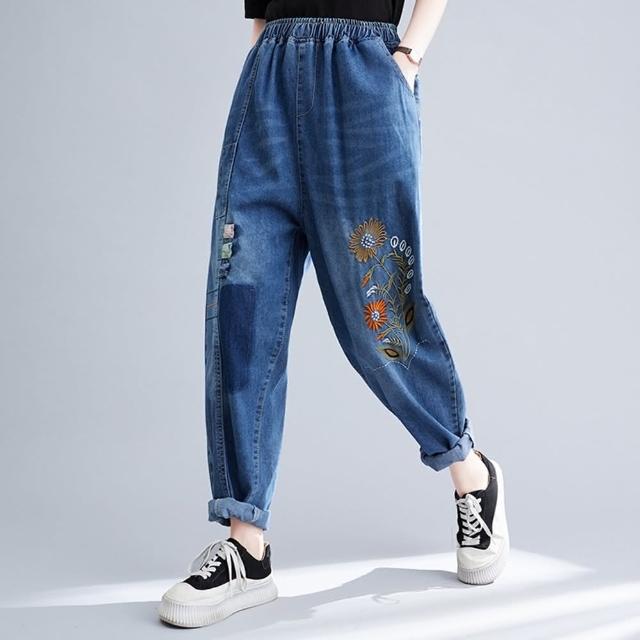 【巴黎精品】現貨+預購 牛仔褲丹寧長褲(休閒拼貼縮口繡花女褲子a1fe47)