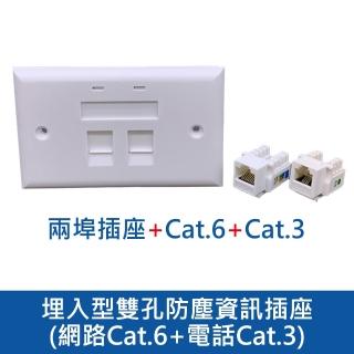【臺灣霓虹】埋入型雙孔防塵資訊插座-網路Cat.6+電話Cat.3