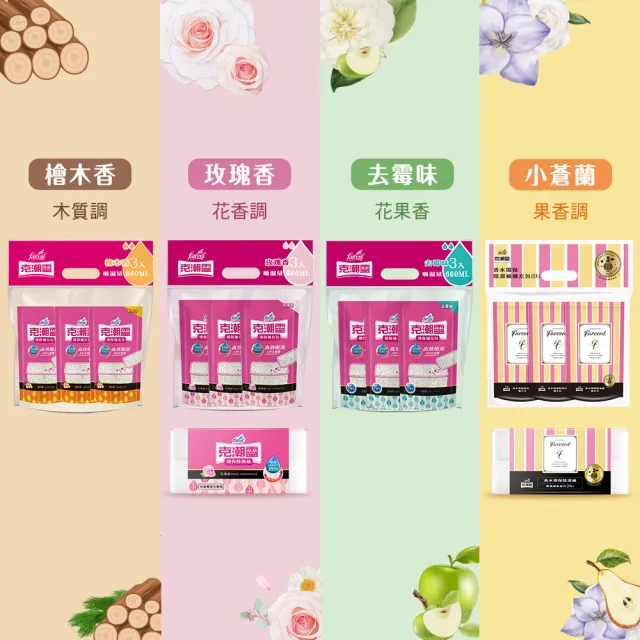 【克潮靈】環保除濕桶小資組-玫瑰香/檜木香/去霉味/小蒼蘭英國梨/活性炭無香(除濕桶2入+補充包3入/包)