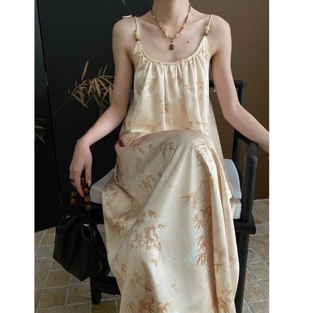 【巴黎精品】現貨+預購 洋裝連身長裙(細肩帶竹葉印花串珠女裙子a1fz34)