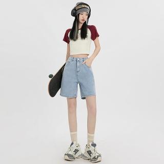 【巴黎精品】現貨+預購 牛仔褲丹寧短褲高腰牛仔短褲A字休閒褲大碼寬褲大尺碼女裝(寬鬆五分女褲子3色v1bl39)