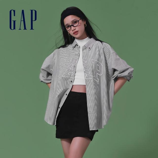 【GAP】男女同款 Logo純棉翻領長袖襯衫-灰色(461250)