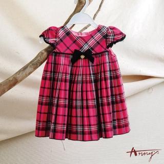 【ANNY’S 安妮公主】混金蔥格紋蝴蝶結秋冬款公主袖BABY洋裝(2252桃粉)