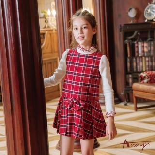 【ANNY’S 安妮公主】優雅格紋蕾絲領拼接秋冬款長袖洋裝(2232紅色)