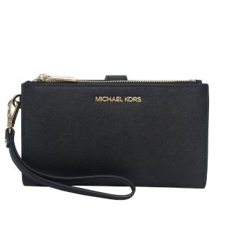 【Michael Kors】金字滿版防刮皮革雙層手機長夾(黑-可手掛)