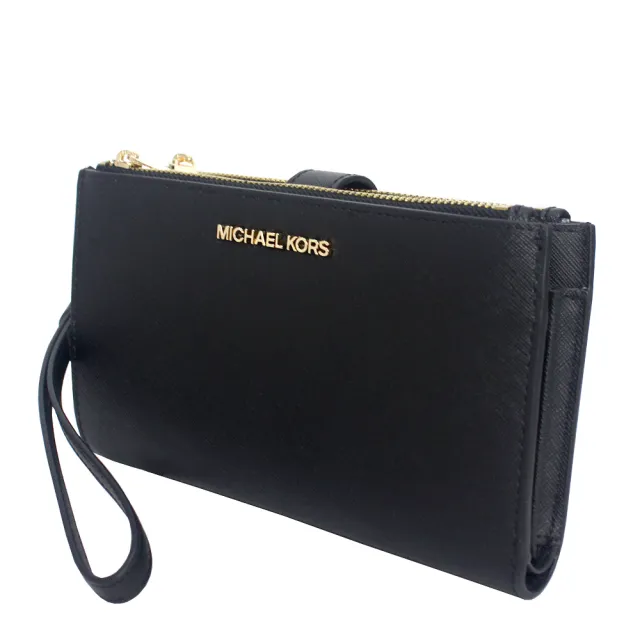【Michael Kors】金字滿版防刮皮革雙層手機長夾(黑-可手掛)