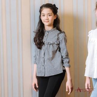 【ANNY’S 安妮公主】童裝 鄉村格紋立體荷葉邊秋冬款純棉長袖襯衫(2277藍色)