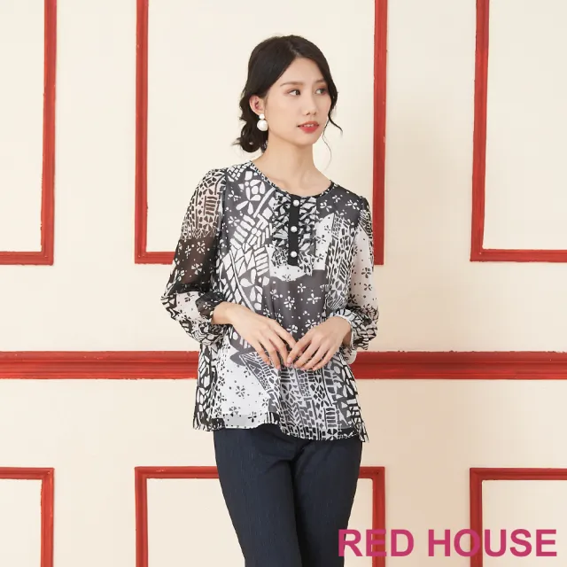 【RED HOUSE 蕾赫斯】抽象印花雪紡上衣(黑色)