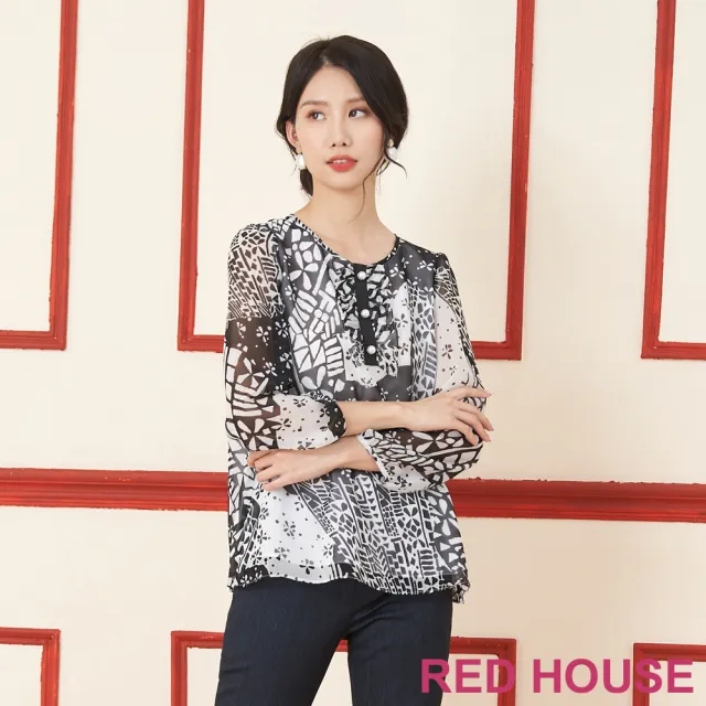 【RED HOUSE 蕾赫斯】抽象印花雪紡上衣(黑色)