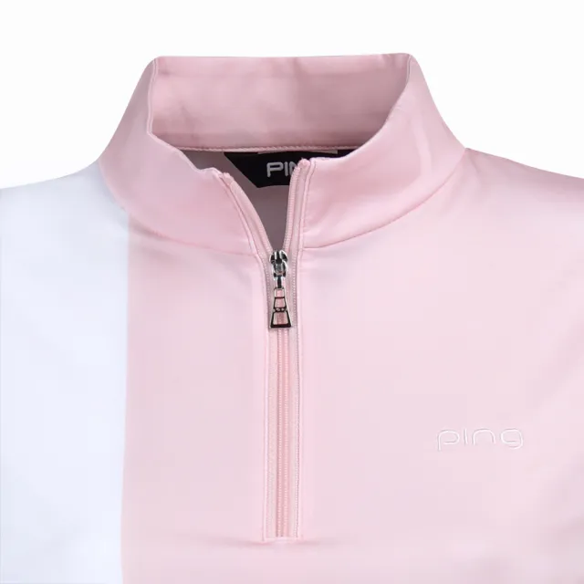【PING】女款拚色圖騰吸濕排汗抗UV立領短袖上衣-粉橘(GOLF/高爾夫球衫/RA24116-23)