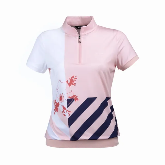 【PING】女款拚色圖騰吸濕排汗抗UV立領短袖上衣-粉橘(GOLF/高爾夫球衫/RA24116-23)
