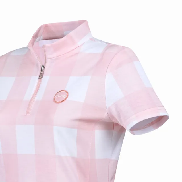 【PING】女款格紋吸濕排汗涼爽立領短袖上衣-粉橘(GOLF/高爾夫球衫/RA24119-23)