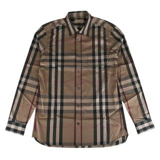 【BURBERRY 巴寶莉】三色格紋棉質混紡長袖襯衫(男款/暗米)