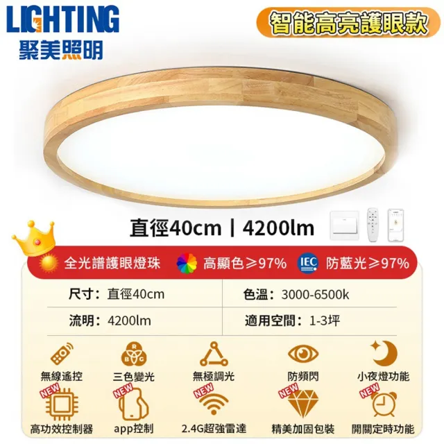 【聚美照明】led全光譜吸頂燈 防藍光護眼燈 40CM 4200lm 智能高亮護眼款(吸頂燈/實木吸頂燈/無極調光調色)