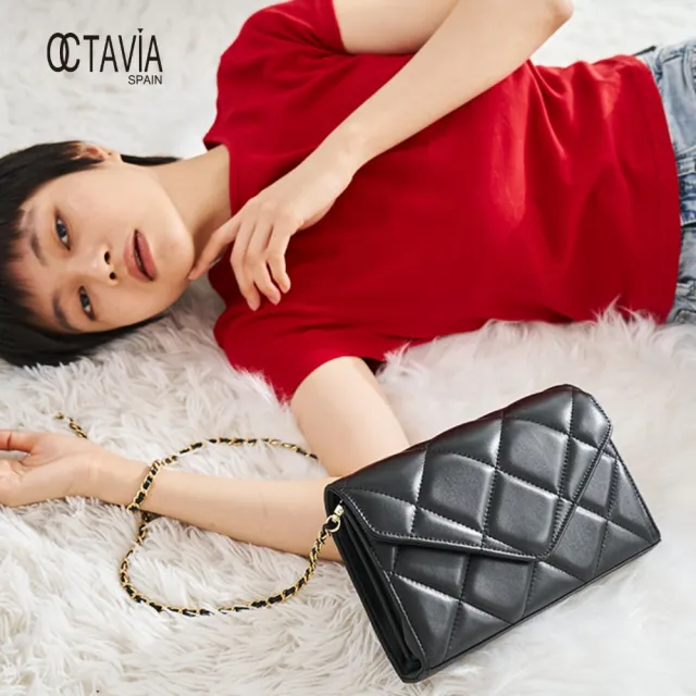 【OCTAVIA 8】雙11 OCTAVIA8 真皮- 小脾氣 羊皮大菱格信封式鍊條肩斜二用包 - 黑色