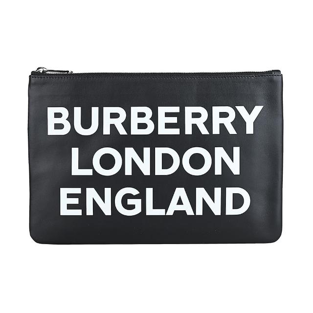 【BURBERRY 巴寶莉】BURBERRY字母印花LOGO牛皮6卡拉鍊手拿包(黑)