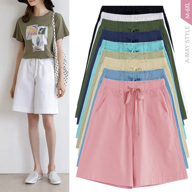 【Amay Style 艾美時尚】中大尺碼女短褲 寬褲 休閒褲 顯瘦寬鬆輕薄休閒棉五分短褲。M-6XL(7色.預購)