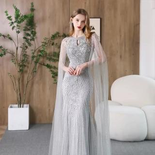 【女神婚紗禮服】高階奢華削肩掛脖女王長披肩魚尾晚禮服PLGZ-2406銀色(派對宴會敬酒 拉鍊晚禮服)