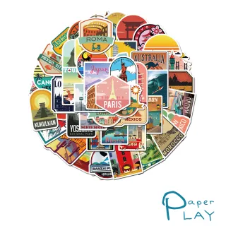 【Paper Play】創意多用途防水貼紙-旅行城市地標風景 50枚入(防水貼紙 行李箱貼紙 手機貼紙 水壺貼紙)