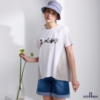 【Just J’S Miss】24春夏新款-童趣手撕拼貼英文字母 下擺前短後長拼接短袖T恤上衣