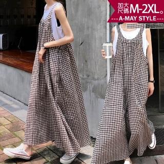 【Amay Style 艾美時尚】中大尺碼女裝 吊帶褲 寬褲 日韓設計復古格紋印花寬鬆連身褲。M-2XL(2色.預購)