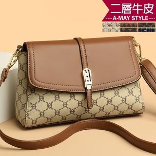 【Amay Style 艾美時尚】女包 真皮包 斜揹包 百搭印花拼接翻蓋牛皮肩背小方包(6色.預購)