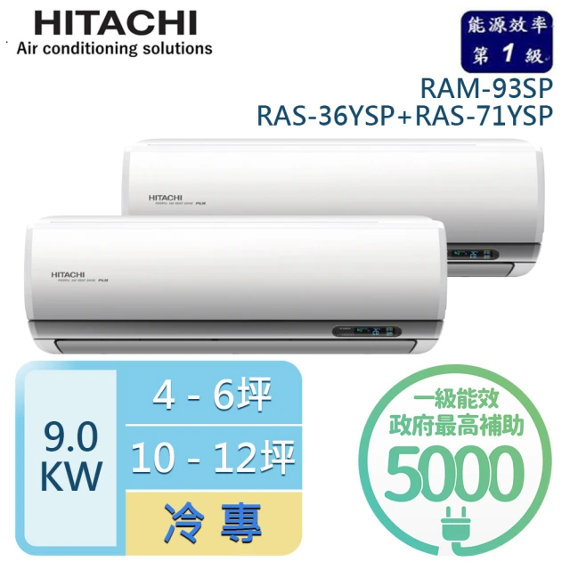 HITACHI 日立 4-6坪+10-12坪 R32一級能效變頻冷專一對二分離式冷氣(RAM-93SP/RAS-36YSP+RAS-71YSP)