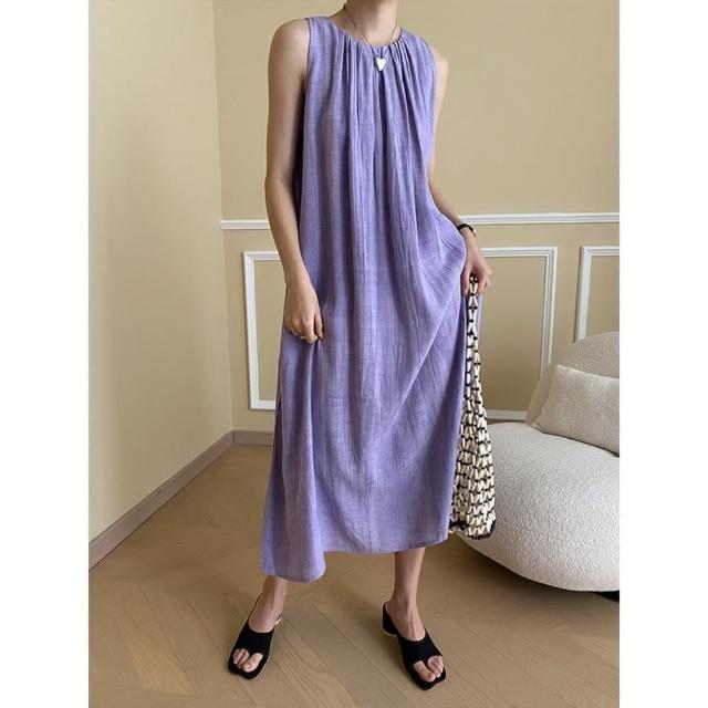 【巴黎精品】現貨+預購 洋裝連身長裙(無袖亞麻寬鬆壓褶女裙子3色a1fz19)