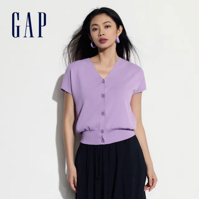 【GAP】女裝 V領針織短袖外套-紫色(464904)