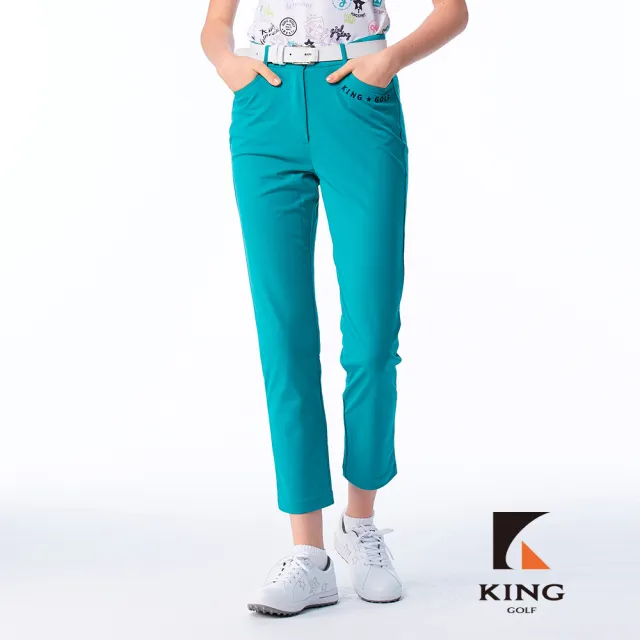 【KING GOLF】實體同步款-女款透氣涼感素面簡約KG刺繡彈力中高腰修身長褲/高爾夫球長褲(綠色)