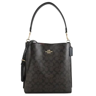 【COACH】Mollie 簡約經典LOGO肩斜三層包水桶包兩用包(深咖/黑 大款)