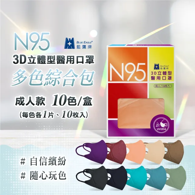【藍鷹牌】N95立體型成人醫用口罩 多色綜合包 10片x4盒(10色各1片)