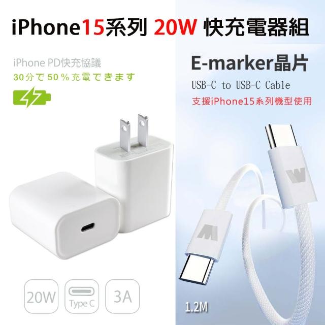 【KooPin】For iPhone15系列 20W PD充電器E630+雙頭Type-C E-marker晶片 快充線 1.2M