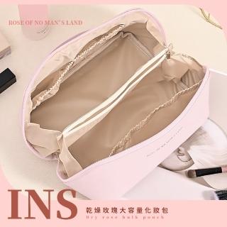 【旅行包包】ins乾燥玫瑰皮革大容量枕頭化妝包(風琴包 洗漱包 手提包 大開口 化妝品收納包 出國)