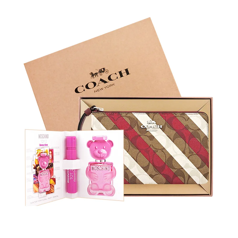 【COACH】大C PVC手拿包-大型+MOSCHINO 品牌經典隨身小香水(紅白條紋)