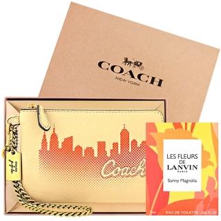 【COACH】Jennifer Lopez 聯名款荔枝紋皮革金屬鍊帶手拿包+LANVIN 浪凡 豔陽木蘭隨身小香水(奶茶色)