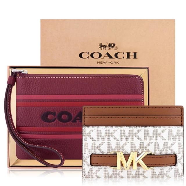 【COACH】荔枝紋皮革LOGO條紋手拿包+MICHAEL KORS Reed LOGO PVC證件名片夾(酒紅色+象牙白色)