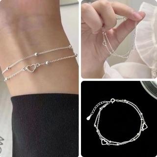 【LEEHER】女生/純銀手鍊/手鍊女/雙層手鍊/愛心手鍊/ins手鏈/手環/心形/閨蜜手鍊/韓國手鍊/情人
