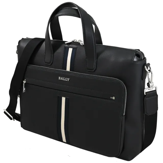 【BALLY】HAIES 經典金屬LOGO條紋織帶公事包商務包兩用包(黑 買就隨機送BV鑰匙圈)