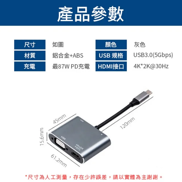 Type-C  4K UHD HDTV VGA USB PD快充(四合一轉接器)