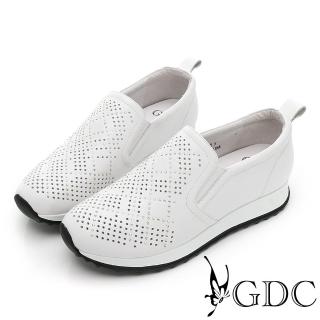 【GDC】菱型紋沖孔同色水鑽真皮彈力舒適休閒鞋-白色(416203-11)